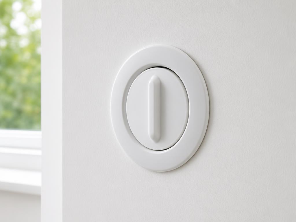 A white round vent cap fitted flush into a painted interior wall